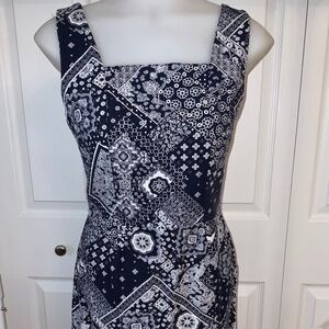 Monteau Blue Dress Sleeveless Smocked Lined Sz XS Linen Blend Bandana